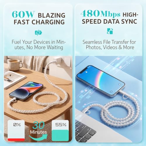 Image of 4-in-1 Beaded Charging Cable, MFi Certified, Works with CarPlay, 3.3FT 60W Fast Charger Cord for iPhone 17 /16 /15 /14 /13 /12 /11, iPad, Samsung, Android and More (Clear Stars)