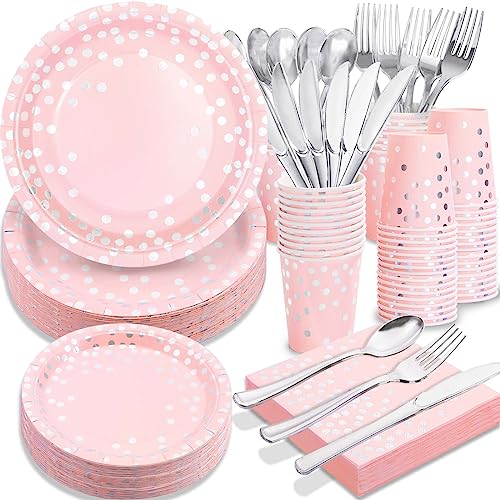Gudvilla 350PCS Pink Plates and Napkins Party Supplies,Pink Party Plates with Silver Polka Dot Serve 50 Guests,Bridal Shower Plates with Silver Plastic Cutlery for Engagement Wedding Decorations
