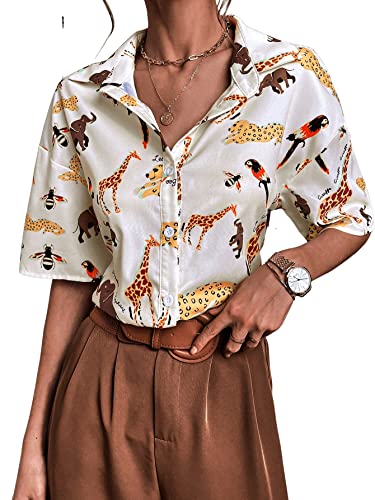 SweatyRocks Women's Short Sleeve Cute Print Button Down Shirt Tops