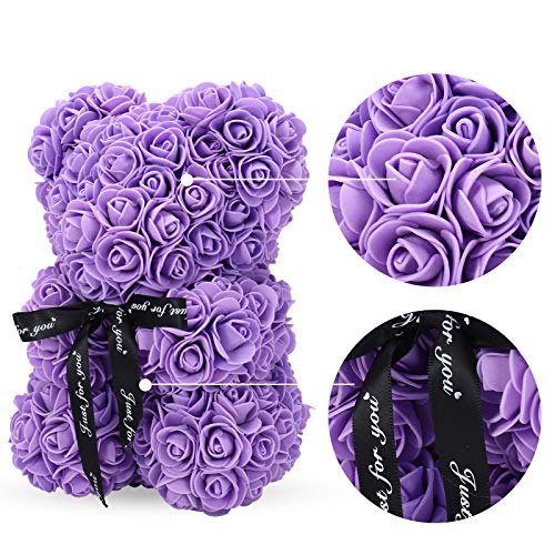 Linklo Rose Bear Rose Teddy Bear -10 Inch Artificial Rose Flower Bear, Gift For Valentines Day, Wedding, Mothers Day And Anniversary, Including Transparent Gift Box (Purple) #TOP3