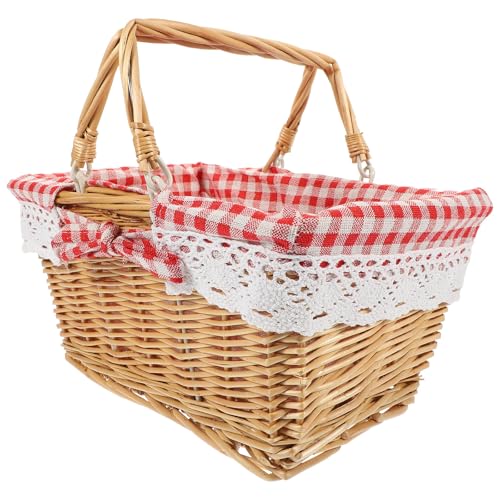Hohopeti Panier de Pique-niques en Osier Tressé avec Anses, Petit Format Rectangulaire, Doublure Tissu Rouge à Carreaux, Panier de Rangement Multifonction...