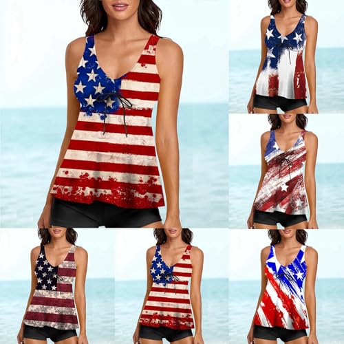 Maiô feminino 4 de julho modesto bandeira americana duas peças tanquíni estampa floral regata com bo