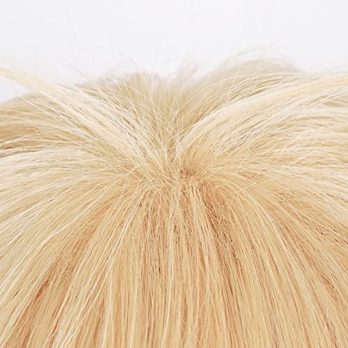 Image of LABEAUTE Short Golden Wig for Men Cosplay Unisex Male Anime Yellow Wig with Bangs for Halloween Party Hair Wig + Cap