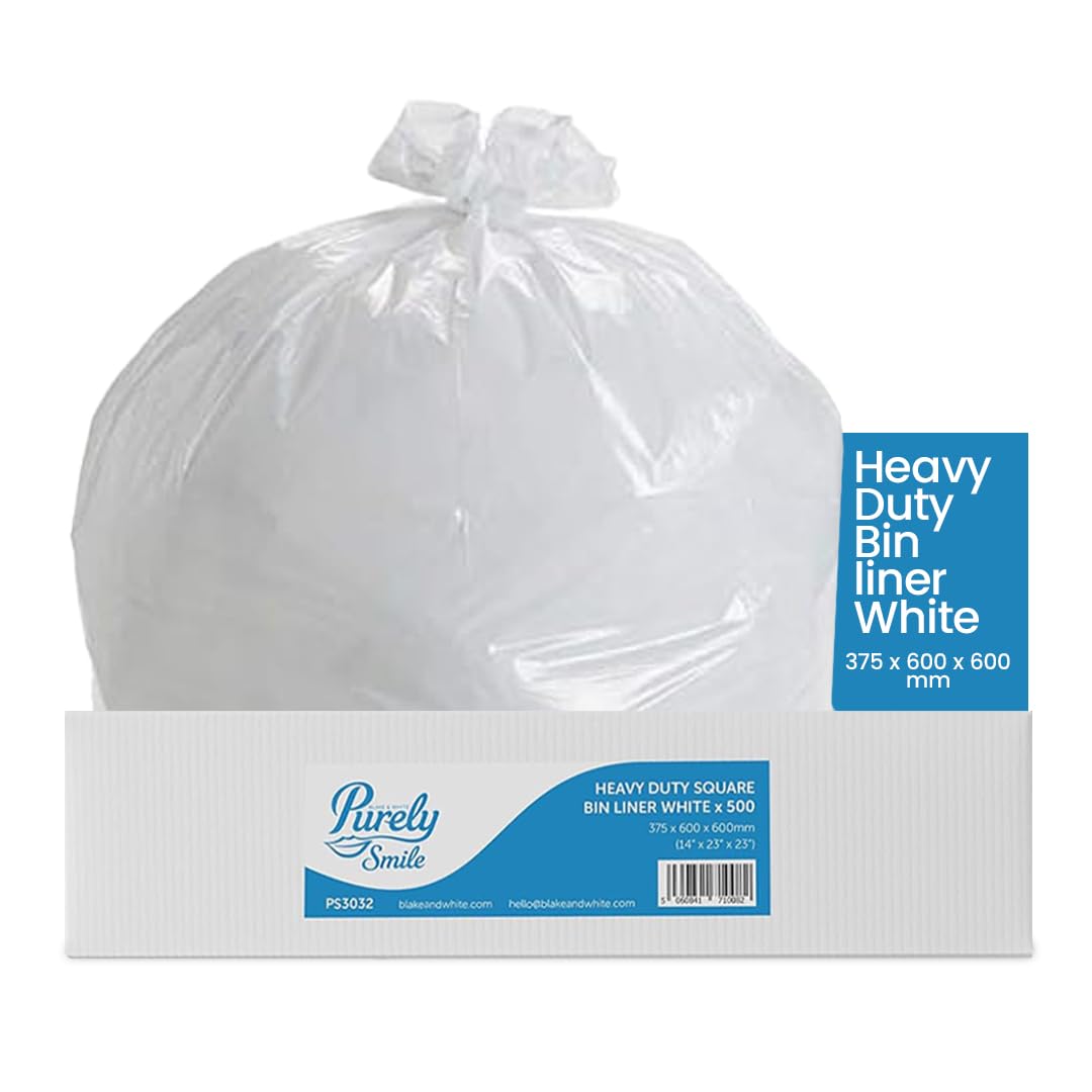 Purely Smile Square Bin Liners - Ultra Durable & Tear-Resistant White Bin Bags - Durable & Tear-Resistant Bin Liners for Household & Office Use - Heavy Duty Box of 500
