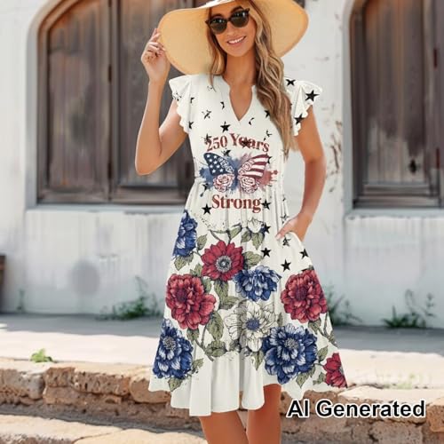 Image of Womens Summer Dress Ruffle Sleeve V Neck Dress Casual Fit Flowy Beach Vacation Sundress with Pocket S-2XL