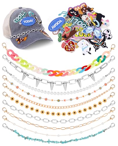 Wurosi 51 PCS Trucker Hat Chains & Embroidered Patches Set 10 PCS Hats Chains for Women 41 PCS Iron on Patches Self Adhesive Patch Detachable Trucker Hat Charms