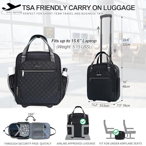 EMPSIGN Underseat Carry On Wheeled - 16" Carry on Bag with Wheels Multi-Functional Lightweight Rolling Bag Overnight Weekender Small Suitcase for Women Men Travel Business, Black image 3