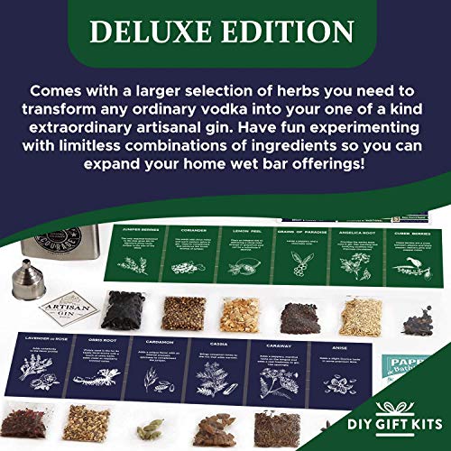 Real Gin Making Kit (Deluxe Edition) w/ Stainless Steel Personalized Flask, For Making Delicious Martinis, Gin and Tonics, Spirits & Cocktails At Home | Botanicals, Recipe Guides, Bottles & Labels & M