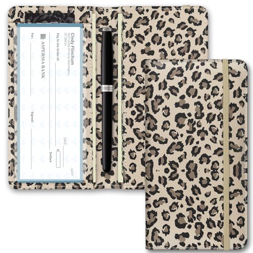 Image of Checkbook Cover for Men Women, Premium Leather Checkbook Holder with RFID Blocking and Built in Clear Plastic Divider for Personal and Business Checks (Leopard-Yellow)