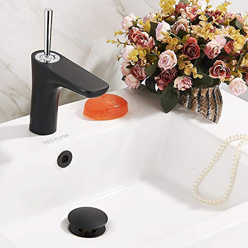 Image of REGALMIX Vessel Sink Drain, Bathroom Faucet Vessel Sink Pop Up Drain Stopper, Built-In Anti-Clogging Strainer, with Overflow Matt Black, Fits Standard American Drain Hole(1-1 /2 inch to 1-3 /4 inch) RWF083P