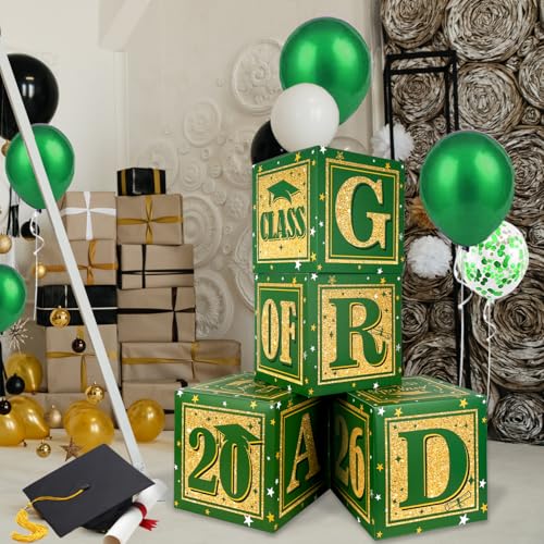Image of Graduation Decorations Class of 2026 Decorations Green and Gold Balloon Boxes with inchGRAD inch and inchCLASS OF 2026 inch Letters Graduation Boxs for High School and College Announcements