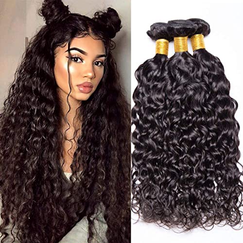 Water Wave Hair 3 Bundle Natural Black Brazilian Remy Hair Bundle Hair Extensions 100G/Bundle Human Hair 3 Bundle Grade 8A Unprocessed Virgin Hair 3 Bundle 16 16 16 Inch