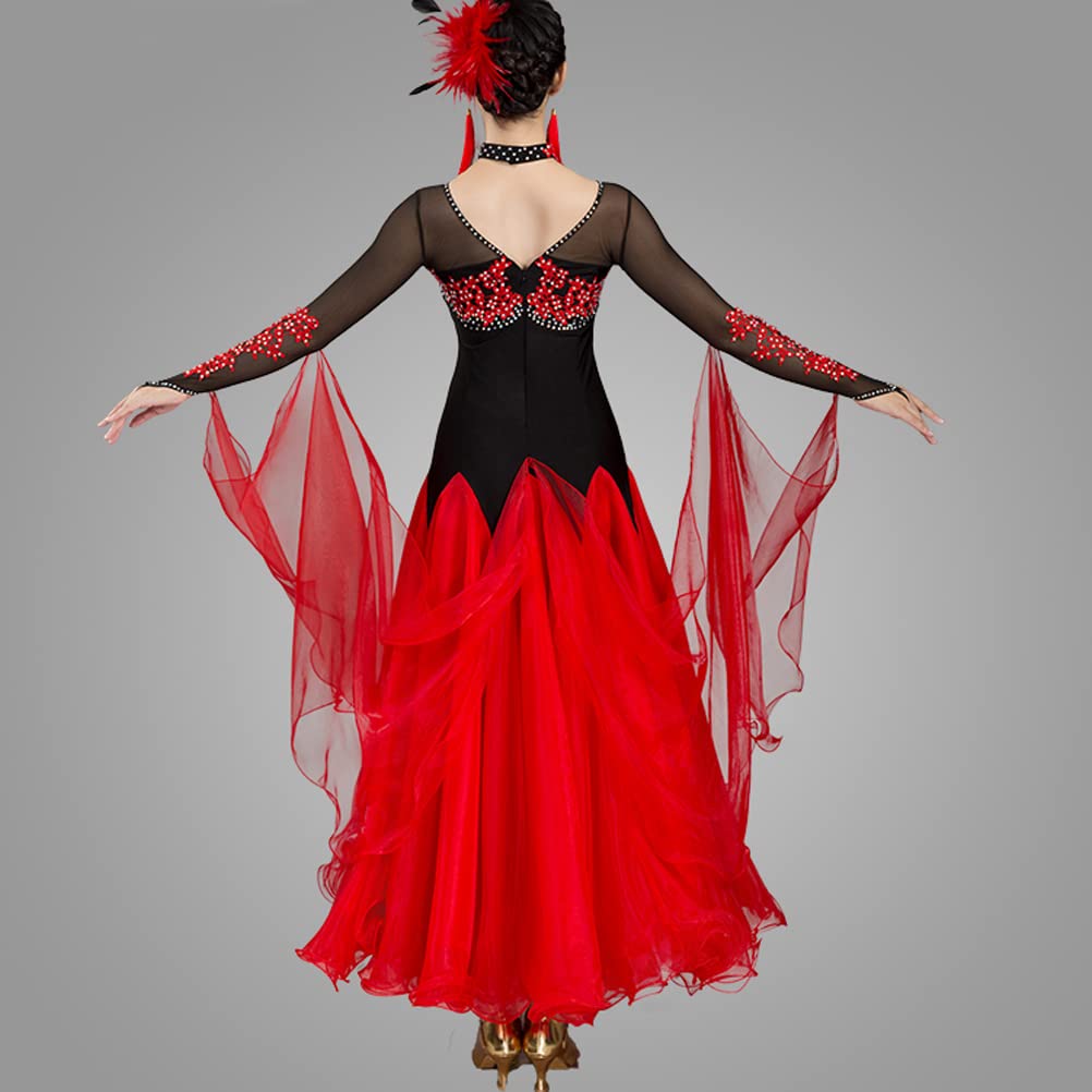 JRUIA Traje Flamenco Mujer Disfraz De Vals De Rendimiento Transpirable Elástico Vestidos De Competición De Baile De Salón Profesional Bordados Traje De Baile De Salsa De Manga Larga