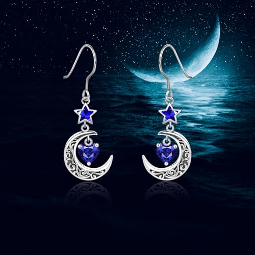 Shysnow Moon Birthstone Earrings for Women 925 Sterling Silver Half Moon Star Dangle Drop Earrings with Heart Crystal Birthday Jewelry for Women2