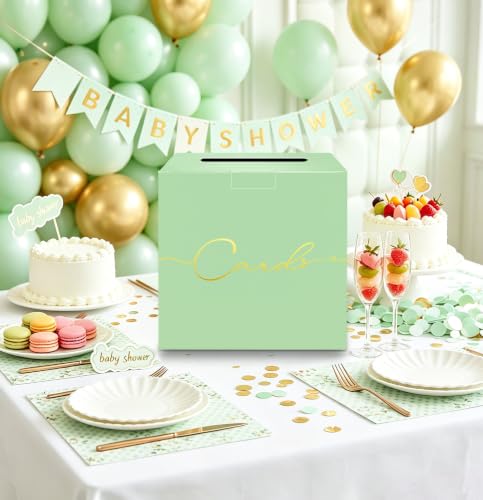 Image of HEIPINIUYE Sage Green Wedding Card Box with Gold Foil 9.8 inch x 9.8 inch Green Large Gift Card Box for Party Wedding Reception Graduation Birthday Baby Shower Cardboard Raffle Envelope Box with Slot