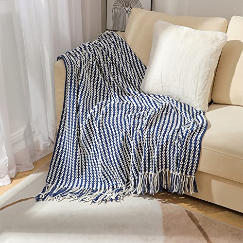 Chenille Throw Blanket For Couch,Boho Knit Woven Blanket Versatile For Chair,Super Soft Warm Decorative Pale Navy Blue Throw With Tassels For Bed,Sofa And Living Room,50X60In. #TOP7