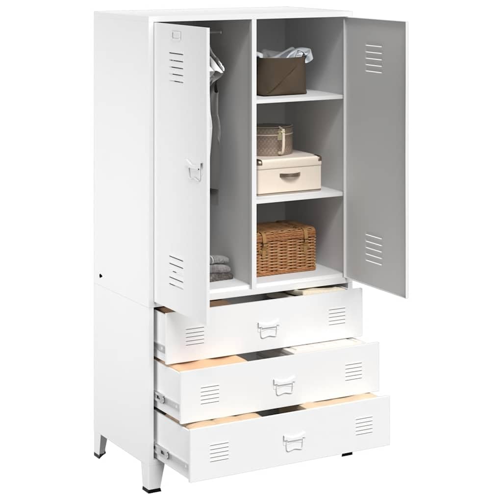 Armario industrial blanco 90 x 50 x 180 cm de metal con 2 estantes, barra para colgar, rejillas de ventilación, soporte para placa de nombre, soporta hasta 85 kg, ideal para dormitorio