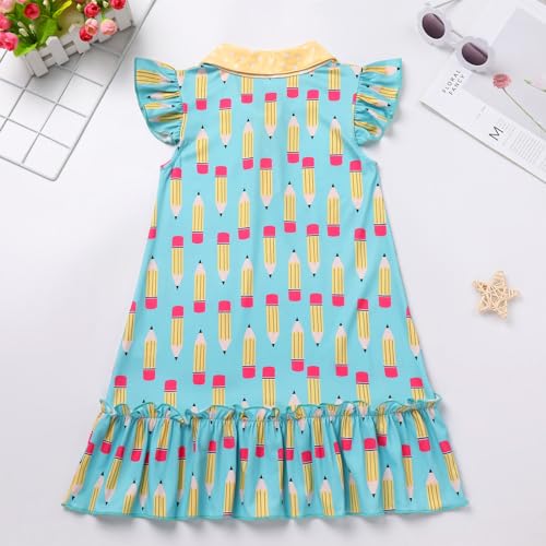 ODASDO Girls Back to School Dress Pencil Printed Causal Flutter Sleeve Ruffle Bottom A-line Swing Twirly Dress3