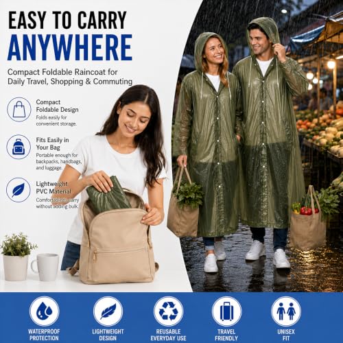 Image of OTOROYS Waterproof Long Rain Coat with Hood for Men, Women, Boys & Girls | Universal Full Length Reusable PVC Raincoat | Lightweight Portable Rain Ware for Bike Riding, Travel & Outdoor, Olive