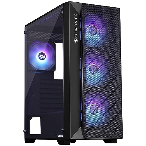 Image of ZEBRONICS Aurora Mid-Tower Premium Gaming Cabinet, ATX, 4 x ARGB Fan, LED Control Switch, Tempered Glass Panel, USB 3.0, 360mm Front or 240mm Top AIO Cooler Support with Top & Bottom Dust Filter