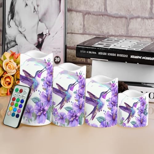 Image of Purple Hummingbird Pillar Candles Bulk Led Flameless Battery Operated Candles with Timer Remote Color Changing Electric Fake Candles for House Warming Home Decorations Set of 4