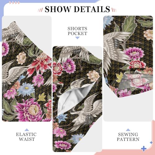 Retro Crane Bird Peony Boys Long Pants Soft Trousers Elastic Waist Kids Lounge Bottoms with Pockets S-XL4