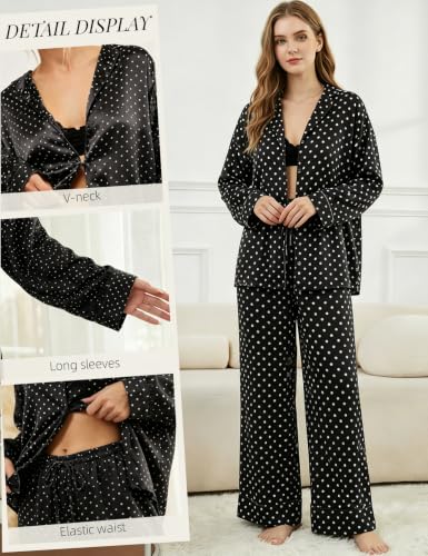 Image of Arssm Satin Pajama Set for Women Silk Pajamas Set 2 Piece Floral Pj Set Long Sleeve Button Down Pjs Sleepwear