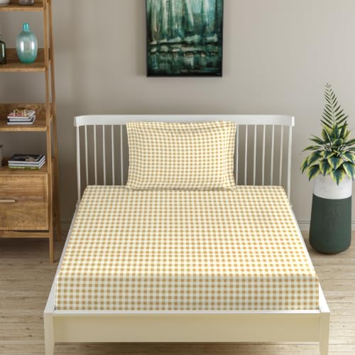 Image of MORADO Premium Glace Cotton 210 TC Single Bedsheet with 1 King Size Pillow Covers,60x90 Inches,Brown Check