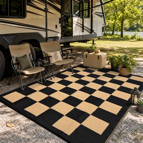 8x10 Outdoor Rugs for Patios Waterproof Modern Checkered Plastic Straw Rug Stain Resistant Reversible Portable Outdoor Carpet Foldable UV Resistant Mat for Camping, RV, Picnic, Black & Brown