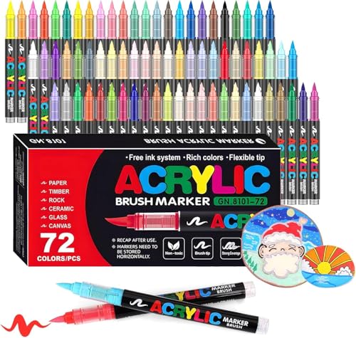 Image of Acrylic Paint Markers Set | Brush Tip Paint Pens with Direct Liquid Ink System | Vivid Colors for Rock Painting, Canvas, Glass, Plastic, Fabric & DIY Crafts (72)