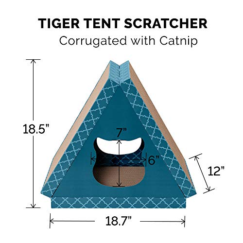 Image of Furhaven Pet Furniture for Cats and Kittens - Tiger Tent House Corrugated Cat Scratcher Hideout with Catnip, Teal, One Size