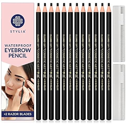 Stylia Eyebrow Pencil Black, Waterproof Eye Brow Pencils for Women Black, Microblading Eyebrow Pencil, Black Eyeliner Pencil, Brow Pencil Set (12PC Black) Cover