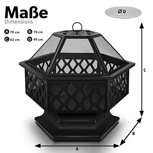 Feuerschale mit Funkenschutz & Grillrost | Feuerstelle Outdoor für den Garten | 4 in 1 BBQ Grill mit Abdeckung, Schürhaken, Zange & Kohlerost Schwarz (Sechskant) – Bild 6