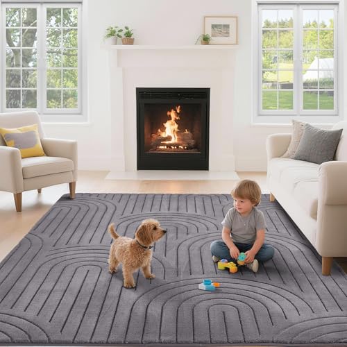 Puremy Wohnzimmerteppich, Kurzflor Teppich Wohnzimmer Schlafzimmer Kinderzimmer mit Hoch-Tief-Effekt, 3D Effekt, hohe Flordichte und angenehm weich, Moderner Bogenförmiges Design, 120x170cm, Grau