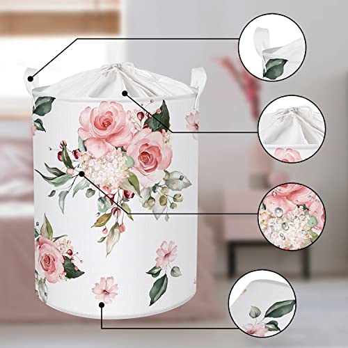 Clastyle 45L Pink Large Flowers Collapsible Laundry Basket With Drawstring Spring Summer Blooming Plant Pattern Laundry Hamper Bedroom Bathroom Waterproof Storage Basket With Handle, 14*17.7 In #TOP4
