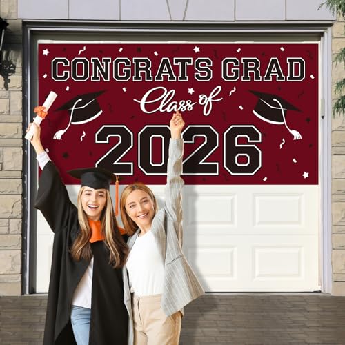 Image of 2026 Graduation Party Plastic Backdrop - 65 inch x 32.7 inch Congrats Grad Banner in Maroon, Large Class of 2026 Decorations, Photography & Grad Party Supplies