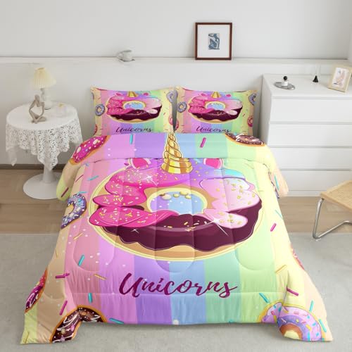 Homewish Unicorn Donuts Bedding Set Queen Size,Rainbow Striped Comforter Set