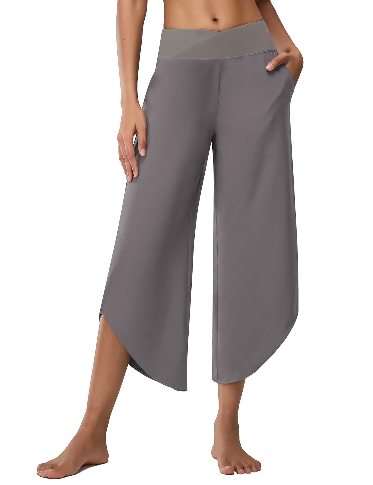 Emlovm Women's Travel Pants Cross High Waist Wide Leg Lounge Cropped Pants Lightweight Casual Yoga Trousers w Pockets