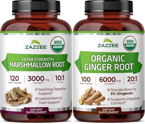 Zazzee Organic Digestive Comfort Support Bundle | 20:1 Ginger Root Extract Plus Marshmallow Root Capsules | Non-GMO Vegan & ISO Lab Tested