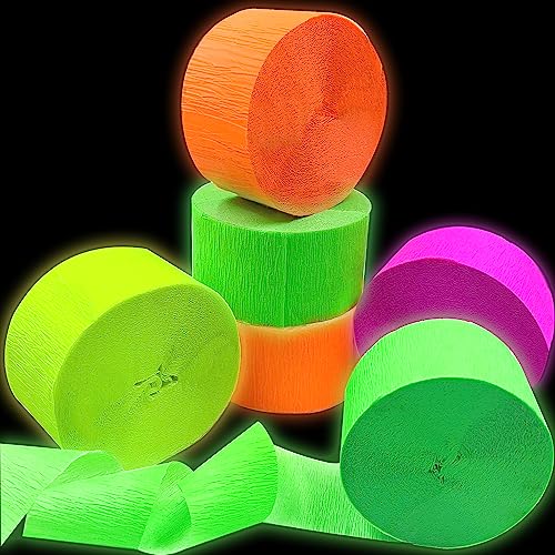 420feet Blacklight Party Streamer Decorations 4 Rolls Glow Crepe Paper UV Reactive Fluorescent Neon Paper Streamers Glow Party Supplies and Decorations for Wedding Birthday Neon Party Fiesta Party