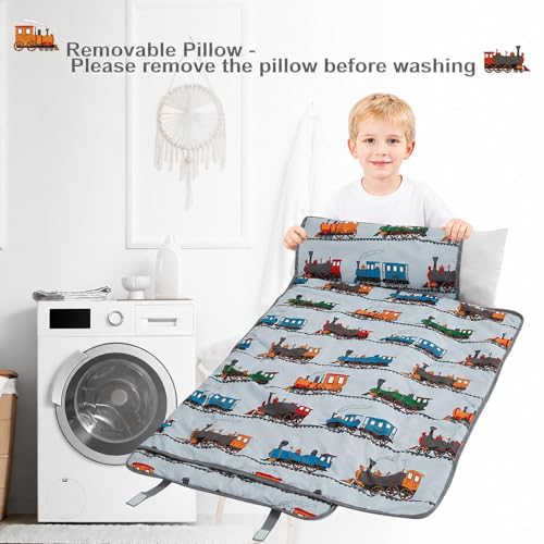 Image of Viviland Toddler Nap Mat with Pillow and Minky Blanket,Rolled Large Sleeping Mat for Boys,Kids Slumber Bag Nap Mat for Preschool, Daycare, Kindergarten, Travel Camping - Train Magic