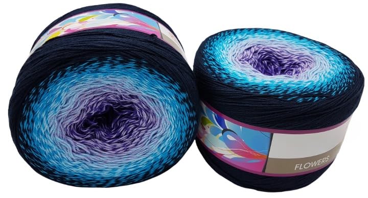 2x250g Ilkadim Export Flowers Bobbel Wolle (500g) Farbverlaufsgarn 2000m Baumwolle & Polyacryl Strickgarn Häkelgarn 4-fädig Gradient Yarn Cake (dunkelblau türkis flieder 254)