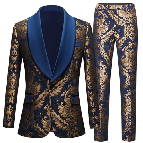 Men's Jacquard Two Pieces Suit Wedding Shawl Lapel Jacket Pants Single Breasted Tuxedo