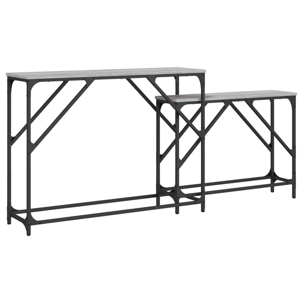 Stoły konsolowe, zestaw 2 sztuk, szary materiał drewnopochodny Sonoma, metalowa rama, szerokość 100/80 cm, stoliki pomocnicze do salonu, korytarza, przedpokoju, zajmują mało miejsca