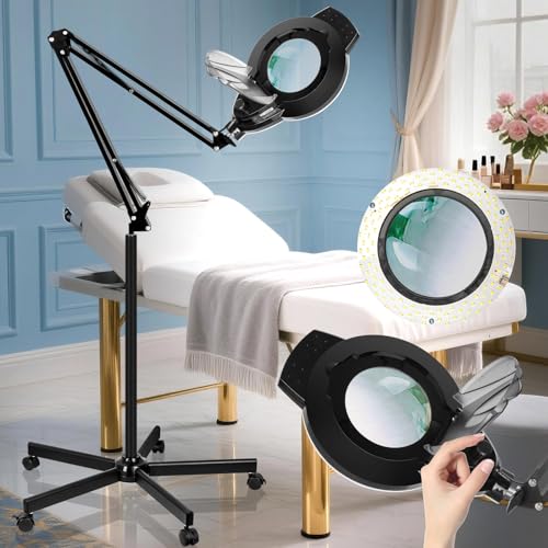 KIRKAS 12X Floor Magnifying Glass with Light and Stand 2200 Lumen Infinite Color Dimmable 2 in 1 Lighted Magnifier lamp for Close Work Craft Sewing 5 Wheel Rolling Stable Base Esthetician-Black