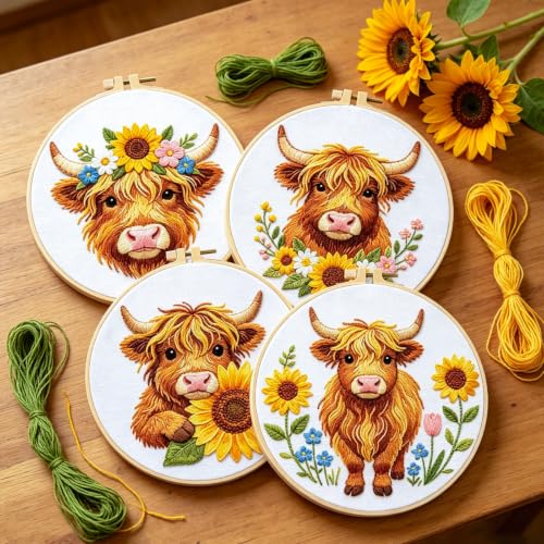 Image of BEUNITONE 4pcs Embroidery Kit, Highland Cow & Sunflowers Stamped Embroidery Kits with Hoop, Thread & Needles, Colorful Cross Stitch Kits Sewing Gifts for Adults and Beginners, DIY Craft for Relaxation