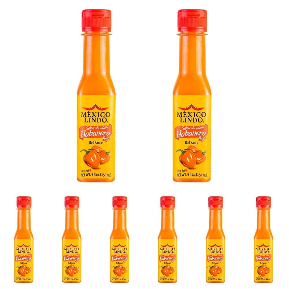 MEXICO LINDO Red Habanero Hot Sauce, Real Red Habanero Chili Pepper, 78,200 Scoville Level, Enjoy with Mexican Food, Seafood & Pasta, 5 Fl Oz Bottles (Pack of 8)