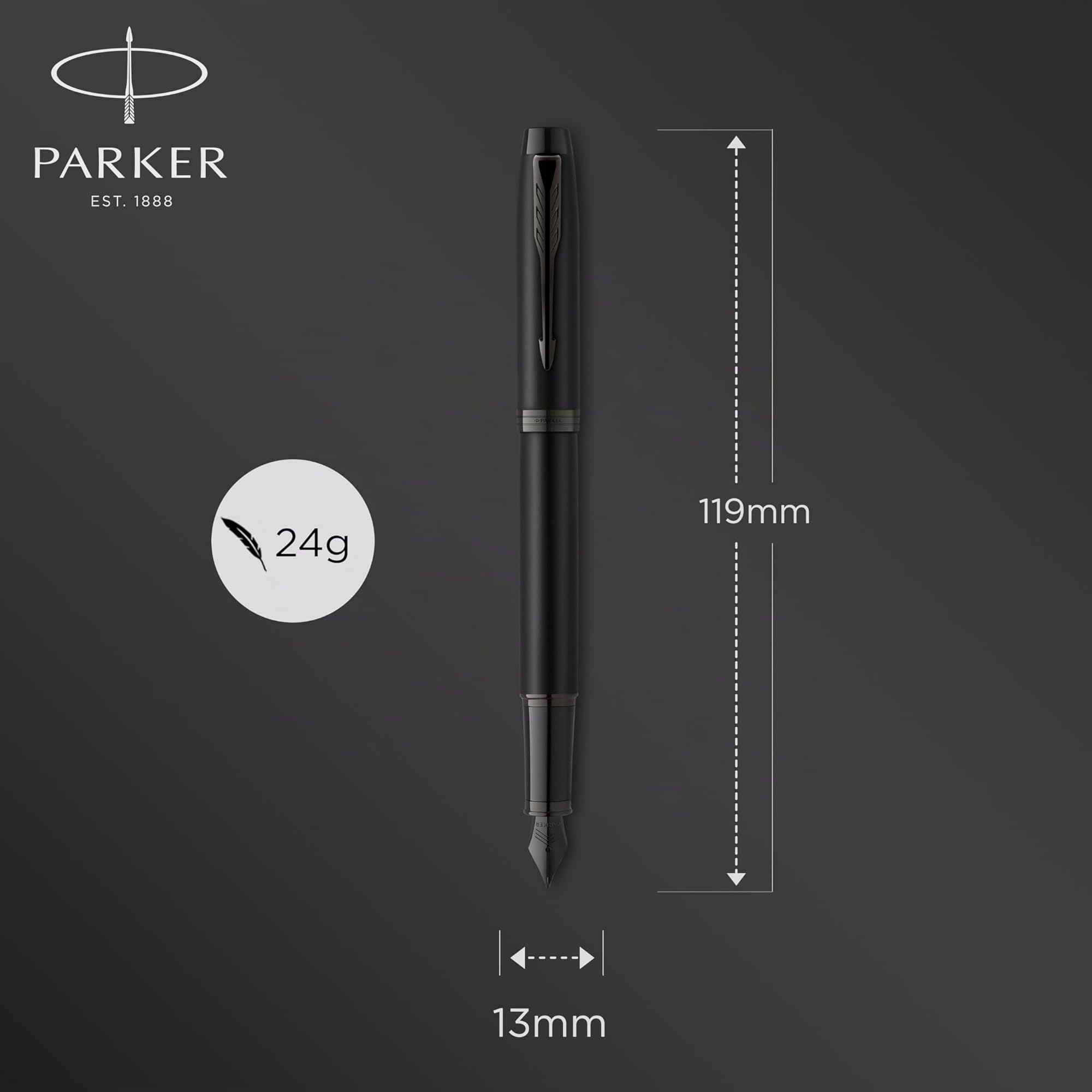 Parker IM stylo plume | Noir mat avec attributs noirs | Pointe moyenne avec cartouche d’encre bleue | Coffret cadeau