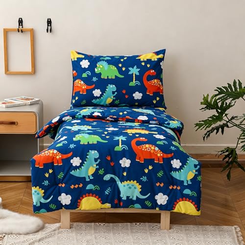 Image of Wellboo Cartoon Toddler Bedding Sets for Girls Boys Dinosaur Green 4 Pieces Soft Crib Bed Set Including Comforter, Sheets and Pillowcase Kids Soft Cute Animals Blue Quilt Warm