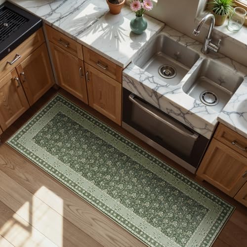 Image of Lahome Green Washable Runner Rug, Low Plie Soft 2x6 Runner Rug Non Slip Kitchen Runner, Vintage Floral Carpet Runners for Bedroom Entryway Bathroom (2'x6', Green)